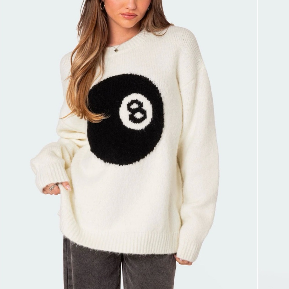 Edikted oversize White Sweater with Black 8-Ball sweater
